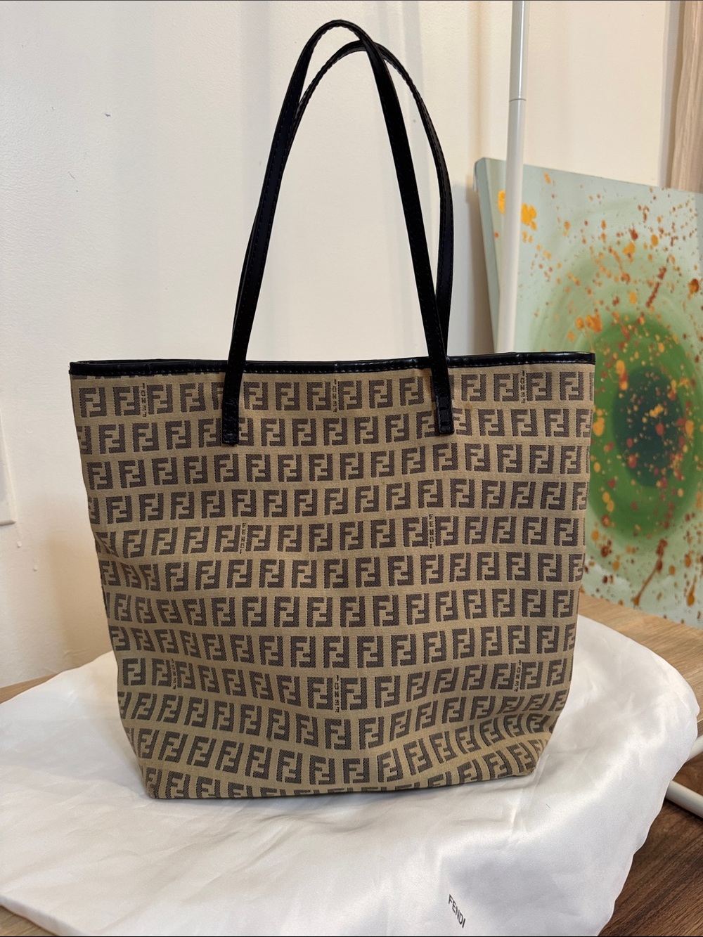 Fendi Beige Brown FF Canvas Tote with Black Handles